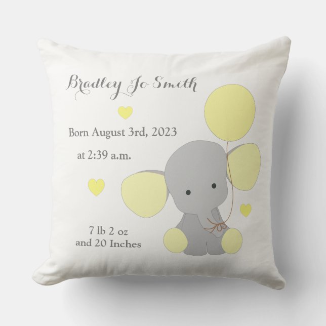 Baby Boy Birth Stats Yellow Gray Elephant Zickzack Kissen (Vorderseite)