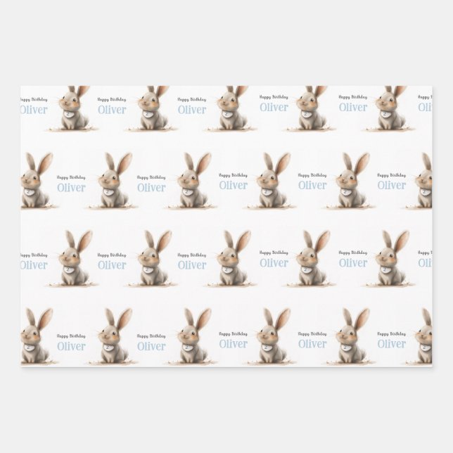 Baby Boy Birthday Cute Rabbit Geschenkpapier Set (Vorderseite 3)