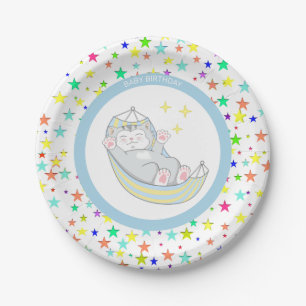 Baby Boy Birthday Kitty Cat & mehrfarbige Stars Pappteller