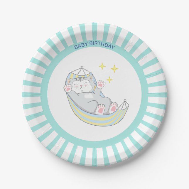 Baby Boy Birthday Kitty Cat on Light Blue & White Pappteller (Vorderseite)