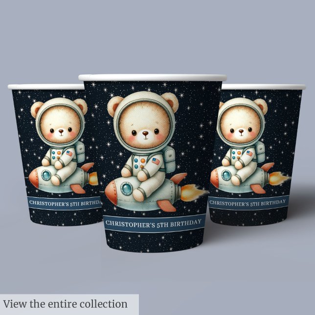 Baby Boy Birthday Teddy Bear Astronaut Party Pappbecher (Teddy Bear Astronaut Personalized Boy Birthday Paper Cups )