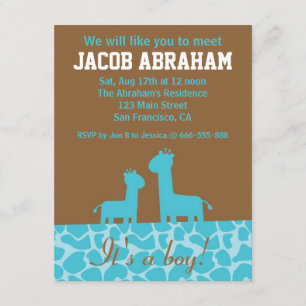 Baby Boy - Blaue Giraffen-Silhouetten und Muster Einladung