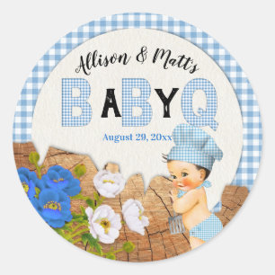 Baby Boy Blu Gingham Holz Floral Baby Q BBQ Classi Runder Aufkleber