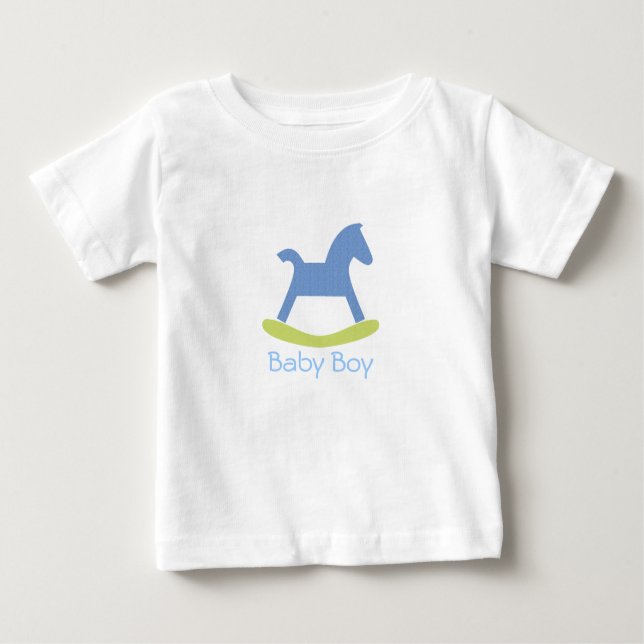 Baby Boy Blue and Yellow Rocking Horse Baby Tshirt (Vorderseite)
