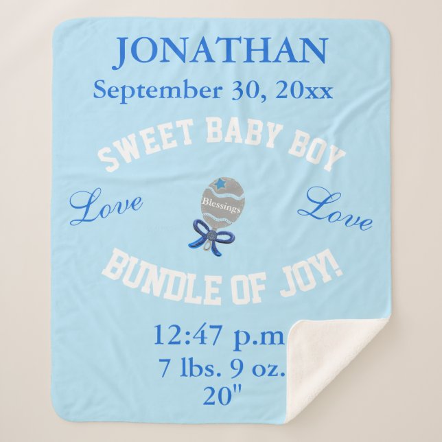 Baby Boy Blue Baby Rattle Upload Foto Sherpadecke (Vorderseite)