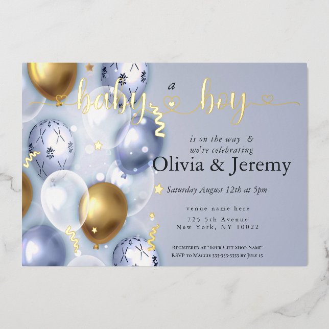 Baby Boy Blue Balloons Babydusche Folieneinladung (Vorderseite)