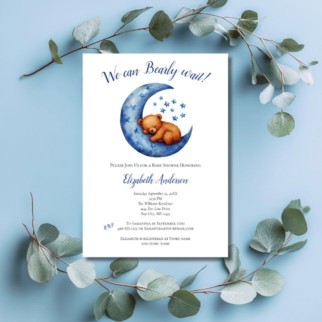 Baby Boy Blue Bear Moon Bearly Wait Baby Dusche Einladung (Baby Boy Baby Shower invitation, We Can Bearly Wait, Baby Bear in Blue Moon with Stars)