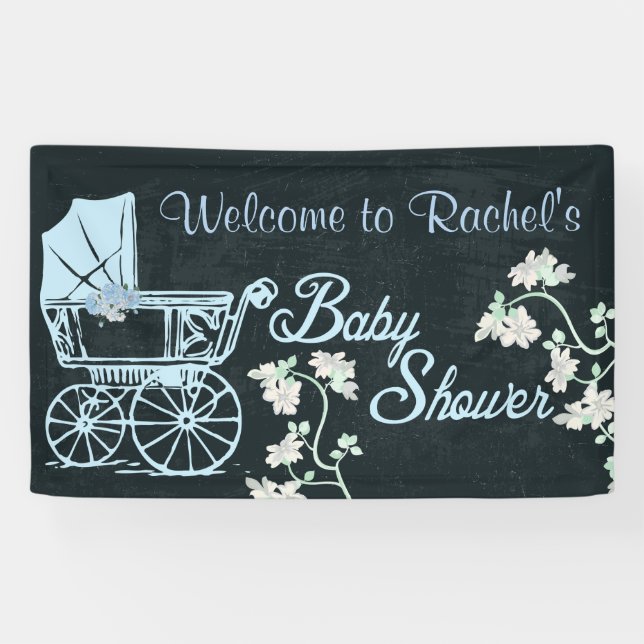 Baby Boy, Blue Carriage, Baby Dusche Banner (Horizontal)