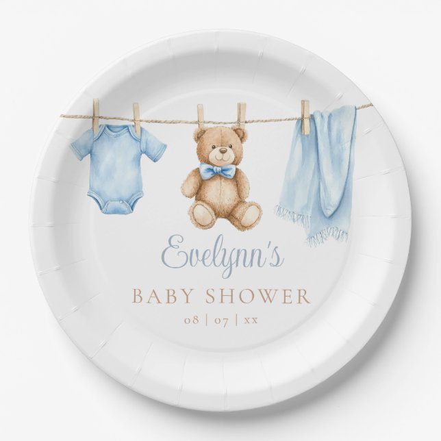 Baby Boy Blue Clothesline Baby Dusche Pappteller (Vorderseite)