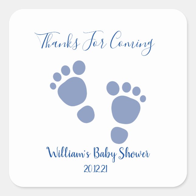 Baby Boy Blue Footprint Baby Dusche Quadratischer Aufkleber (Vorderseite)