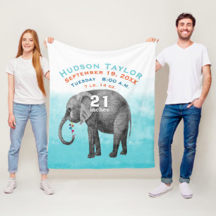 Baby Boy Blue Geburtsstatistik Elefant Fleecedecke