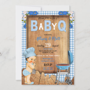 Baby Boy Blue Gingham Wood Blume Baby Q Barbecue Einladung