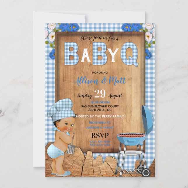 Baby Boy Blue Gingham Wood Blume Baby Q Barbecue Einladung (Vorderseite)