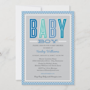 Baby Boy Blue Grau Fette Schrift Baby-Party Einladung