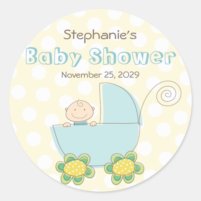 Baby Boy Blue Pram Polka Dots Baby Shower Stickers (Vorderseite)