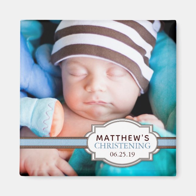 Baby Boy Blue Ribbon Christening Foto Magnet (Vorne)