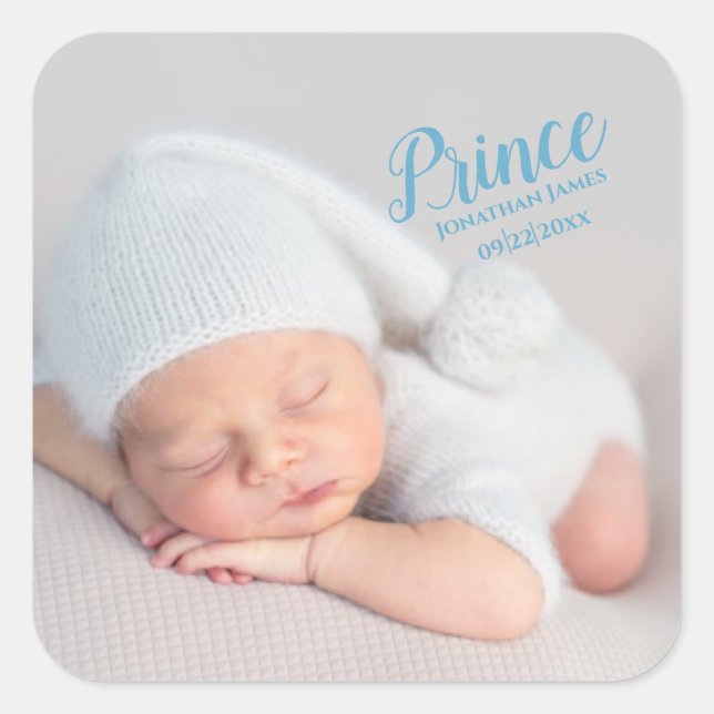 Baby Boy Blue Script Foto Birth Keepake Quadratischer Aufkleber (Vorderseite)