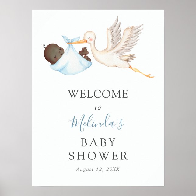 Baby Boy Blue Stork Babydusche Begrüßungspposter Poster (Vorne)