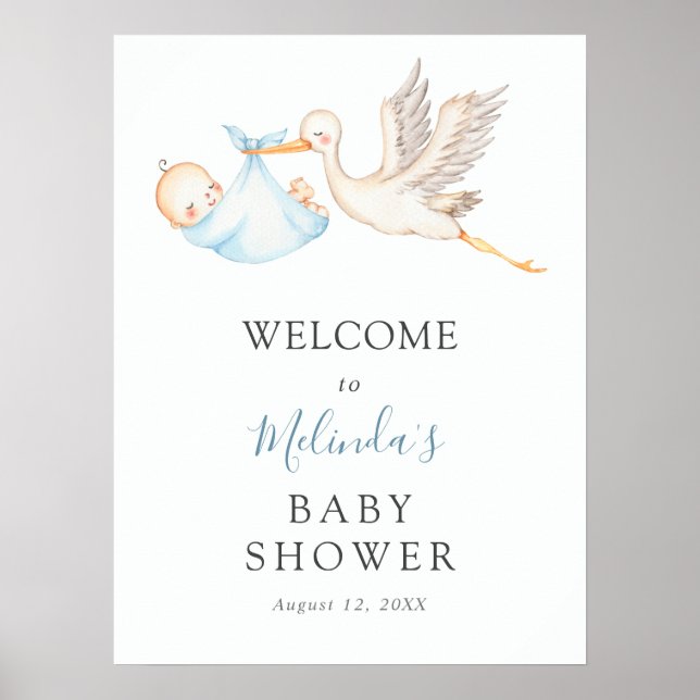 Baby Boy Blue Stork Babydusche Begrüßungspposter Poster (Vorne)