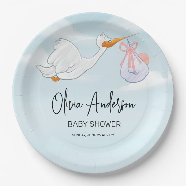 Baby Boy Blue Stork Boho Kinderdusche Einladung Pappteller (Vorderseite)