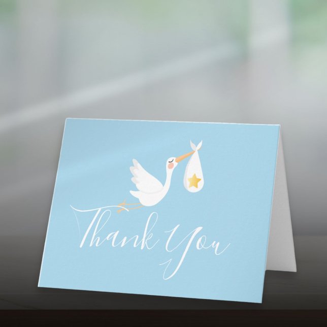 Baby Boy Blue Stork Gold Star Script Vielen Dank Karte (Baby Boy Blue Stork Gold Star Script Thank You Card)