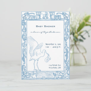 Baby Boy Blue Stork & Owl Border Shower Einladung