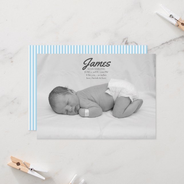Baby Boy Blue Stripe Geburtserklärung Einladung (Vorderseite/Rückseite Beispiel)