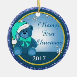 Baby Boy Blue Teddy Bear Personalisiert Weihnachte Keramik Ornament