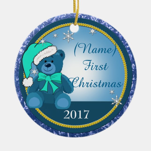 Baby Boy Blue Teddy Bear Personalisiert Weihnachte Keramik Ornament (Vorne)