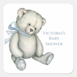 Baby Boy Blue Teddy Bear Watercolor Babydusche Quadratischer Aufkleber