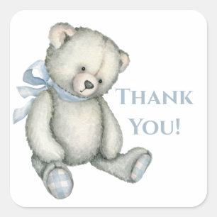 Baby Boy Blue Teddy Bear Watercolor Vielen Dank Quadratischer Aufkleber