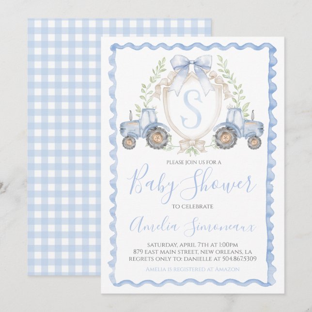 Baby Boy Blue Traktor Wappen mit Monogramm Duschvo Einladung (Vorne/Hinten)