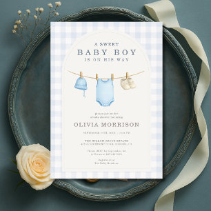 Baby Boy Blue Wäscheleine Gingham Baby Shower-Einl Einladung