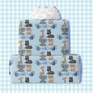 Baby Boy Blue Zoo Tiere Name Giraffe Zebra hinzufü Geschenkpapier