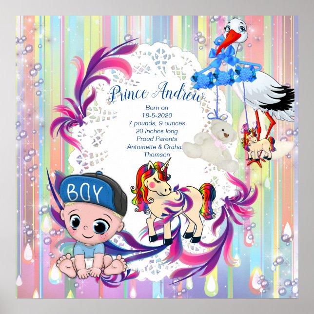 Baby Boy Bubbles & Unicorns Poster (Vorne)