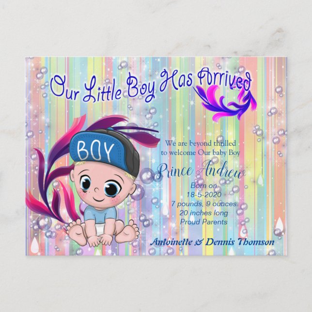 Baby Boy Bubbles & Unicorns Postkarte (Vorderseite)