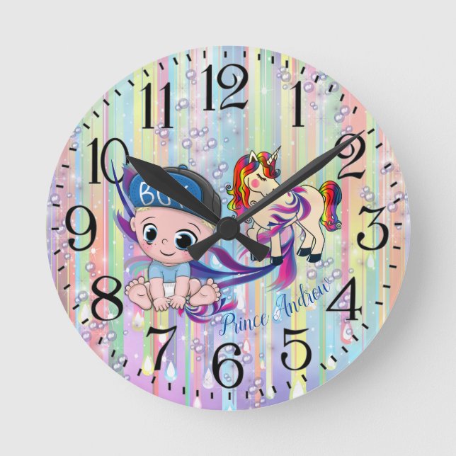 Baby Boy Bubbles & Unicorns Runde Wanduhr (Vorderseite)