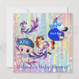 Baby Boy Bubbles & Unicorns Schmetterling Einladun Mitteilungskarte
