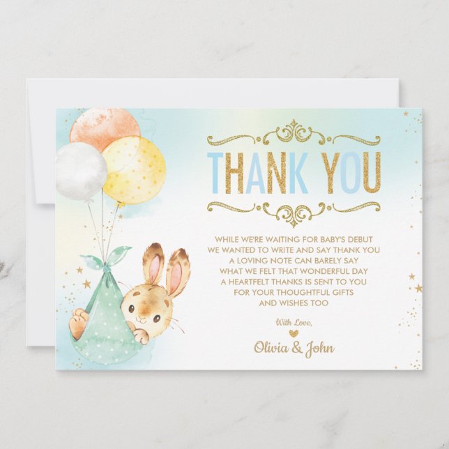 Baby Boy Bunny Balloons Babydusche Sprinkle Dankeskarte (Vorderseite)