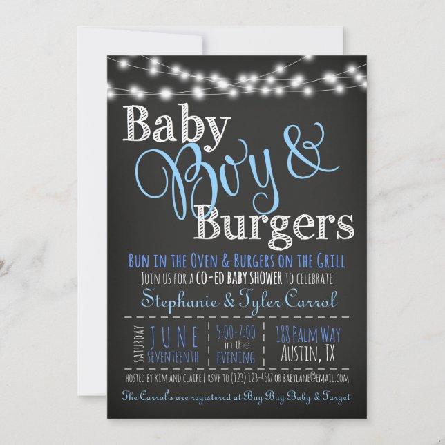 Baby Boy Burgers GRILLEN Shower Einladung Book Car (Vorderseite)
