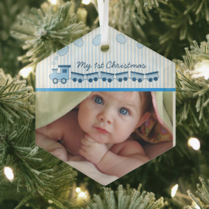 Baby Boy Choo Choo Train Foto Geburt Stat Andenken Ornament Aus Glas