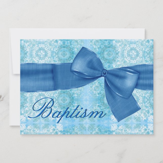 Baby Boy Christening Blue Damask Imitate Bow Einladung (Vorderseite)