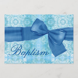 Baby Boy Christening Blue Damask Imitate Bow Einladung