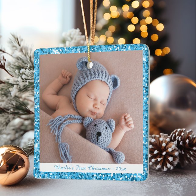 Baby Boy Custom Mein erster Weihnachts Blue Glitze Keramikornament (Von Creator hochgeladen)