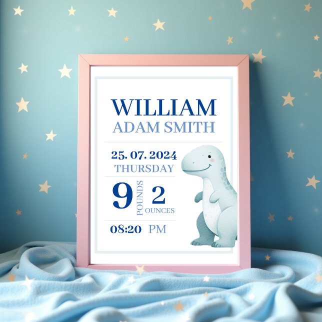 Baby Boy Dinosaur Personalisierte Geburtsankündigu Poster (Baby Boy Cute Dinosaur Personalised Birth Announcement Poster )