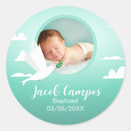 Baby Boy Dove Baptism Announcement Blue Teal Runder Aufkleber