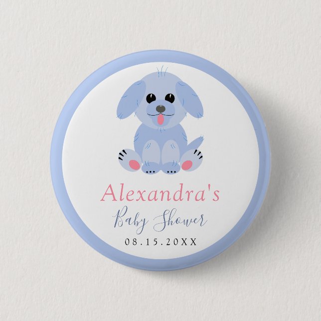 Baby Boy Dusche Blue Puppy Personalisiert Button (Vorderseite)