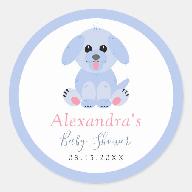 Baby Boy Dusche Blue Puppy Personalisiert Runder Aufkleber (Vorderseite)