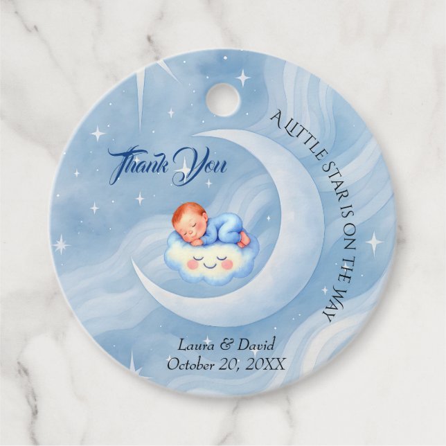 Baby Boy Dusche laden Mondlicht Sterne Wasserfarbe Geschenkanhänger (Vorderseite)