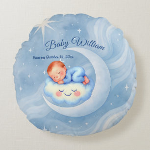 Baby Boy Dusche laden Mondlicht Sterne Wasserfarbe Rundes Kissen
